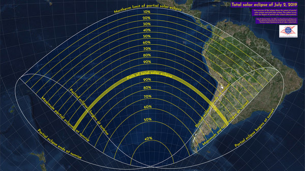 This graphic shows the path of the solar eclipse on July 2 and how much you can see from different places. The yellow band represents the path of totality, or the areas in which a total eclipse will be visible. Other areas will be able to see a partial solar eclipse.