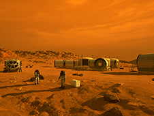 This artist's concept depicts astronauts and human habitats on Mars