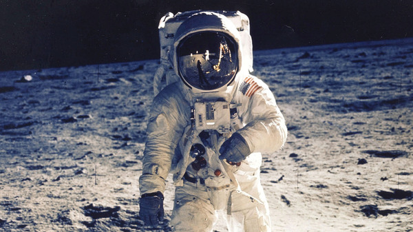 Astronaut Edwin "Buzz" Aldrin Jr., walks near the lunar module during the Apollo 11 moon landing on July 20, 1969.