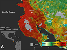 This ECOSTRESS image shows plant stress in the Guanacaste region of Costa Rica (shown in red on inset map) a few months after a major Central American drought began.