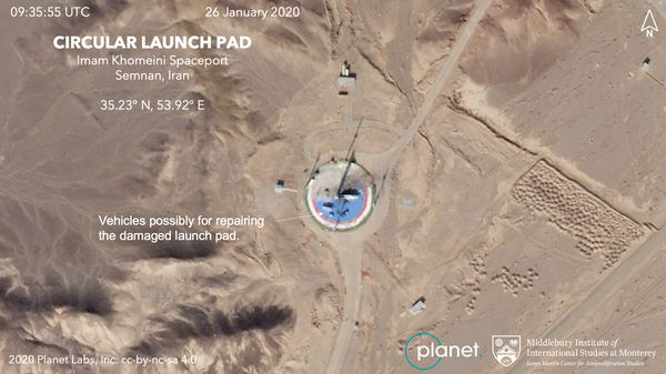 A satellite image taken Sunday shows vehicles on the circular launch pad at the Imam Khomeini Space Center in northern Iran.