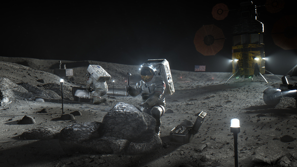 This illustration made available by NASA in April 2020 depicts Artemis astronauts on the Moon. On Thursday, NASA announced the three companies that will develop, build and fly lunar landers, with the goal of returning astronauts to the moon by 2024.