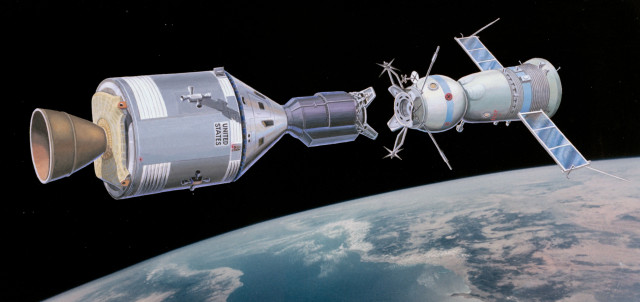 Artist's impression of the docking of the Apollo and Soyuz spacecraft