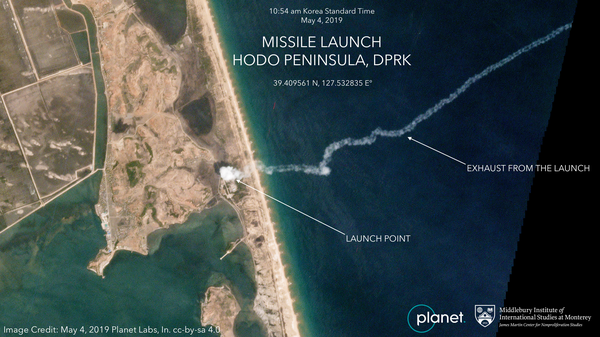 A satellite image from Planet Labs, a private satellite company, shows the exhaust from a North Korean missile test on May 4, 2019.
