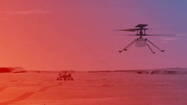 An illustration of how NASA has planned the Ingenuity Helicopter to fly over Mars.