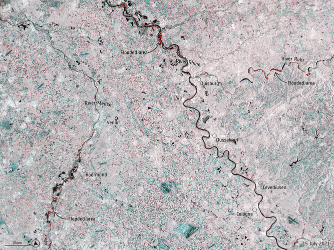 Record rainfall has caused swollen rivers to burst their banks and wash away homes and other buildings in western Europe. Data from the Copernicus Sentinel-1 mission are being used to map flooded areas to help relief efforts.