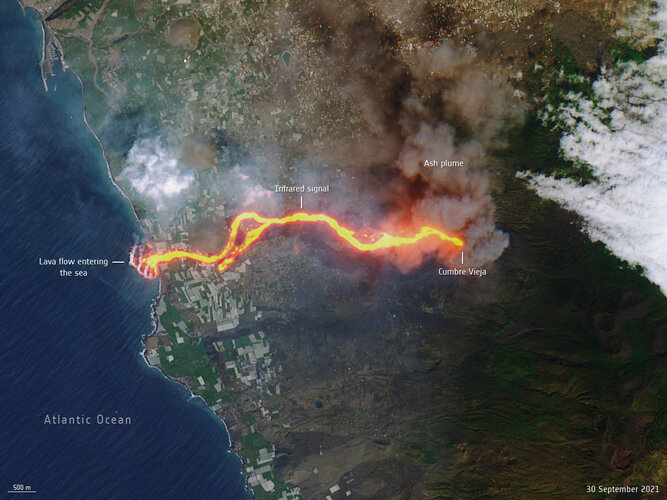 This image, captured by Copernicus Sentinel-2 on 30 September, shows the flow of lava from the volcano erupting on the Spanish island of La Palma.