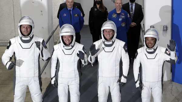 The Crew Dragon space capsule astronauts, from front left, European Space Agency astronaut Thomas Pesquet, NASA astronaut Megan McArthur, NASA astronaut Shane Kimbrough and Japan Aerospace Exploration Agency astronaut Akihiko Hoshide.