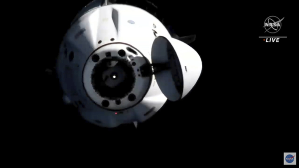 In this image from video provided by NASA, astronauts in the SpaceX Dragon capsule undock from the International Space Station on Monday, Nov. 8, 2021.