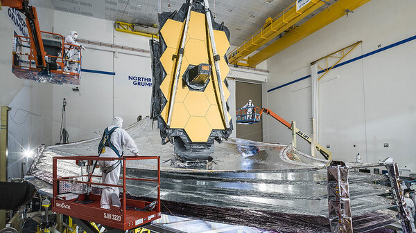 The telescope, shown during checkout tests in December 2020, before it was carefully packed up and sent to the launch site in French Guiana.