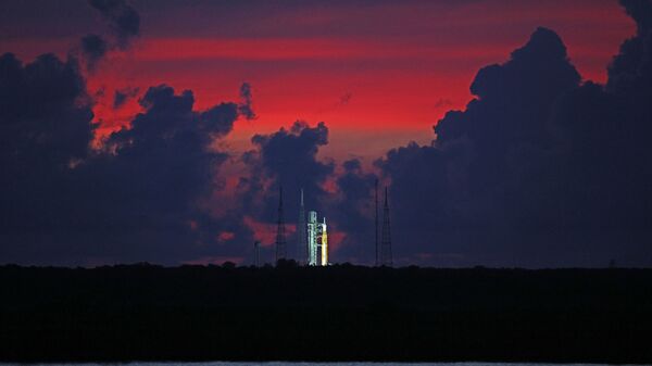 The Artemis 1 moon rocket at Launch Pad 39 at the Kennedy Space Center.