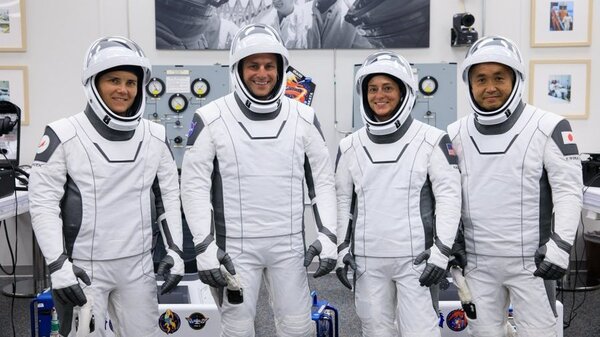 Nicole Mann (second from right) is scheduled to be the mission commander on the SpaceX Dragon spacecraft on Wednesday.