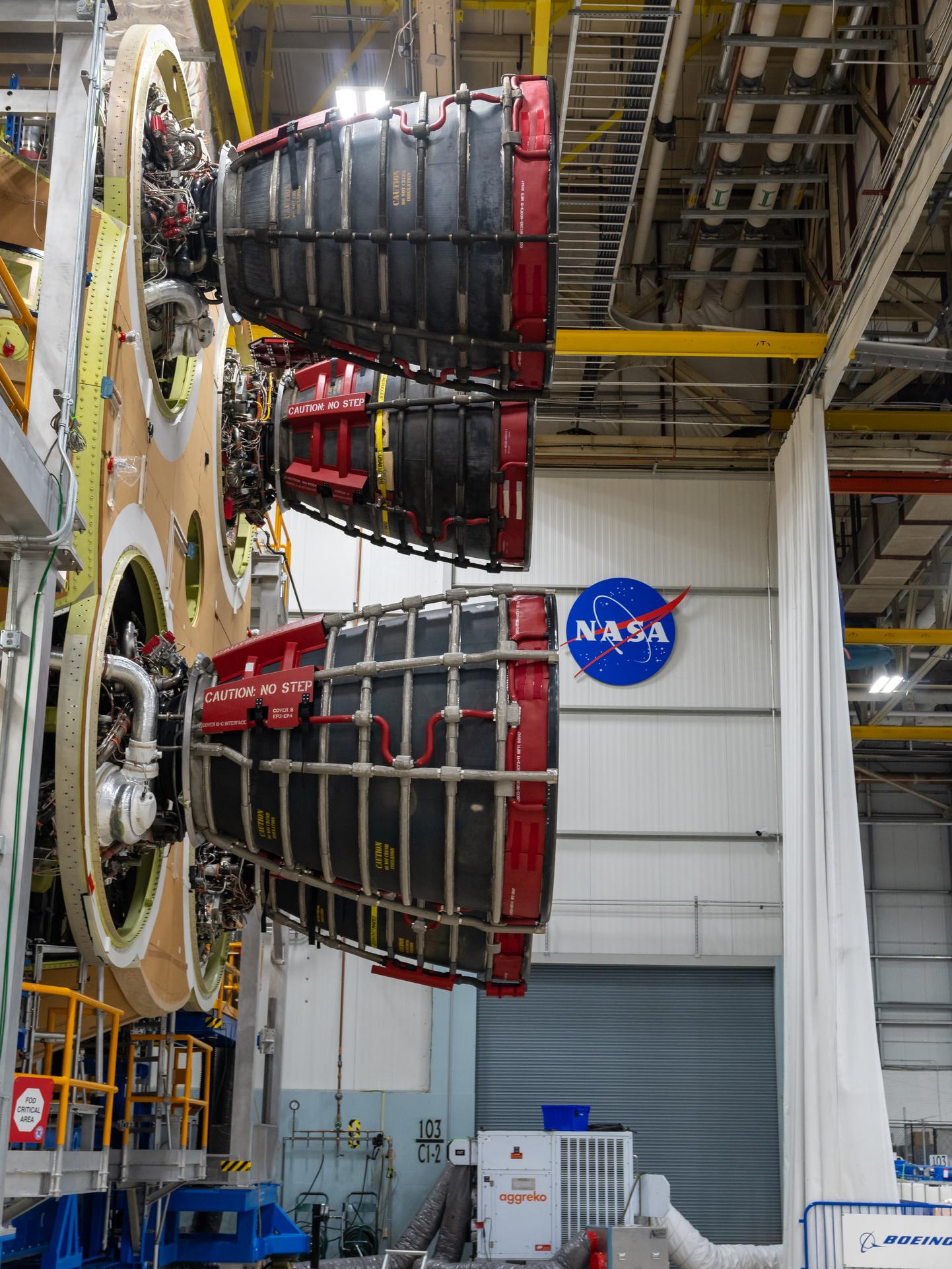 The Artemis II RS-25 engines installed on the core stage at NASA’s Michoud Assembly Facility in New Orleans. Each engine is the size of a compact car and, together, will create more than two million pounds of thrust during launch. The RS-25 engines create immense pressure that controls the flow of liquid hydrogen and liquid oxygen from the two propellant tanks into each engine’s combustion chamber.