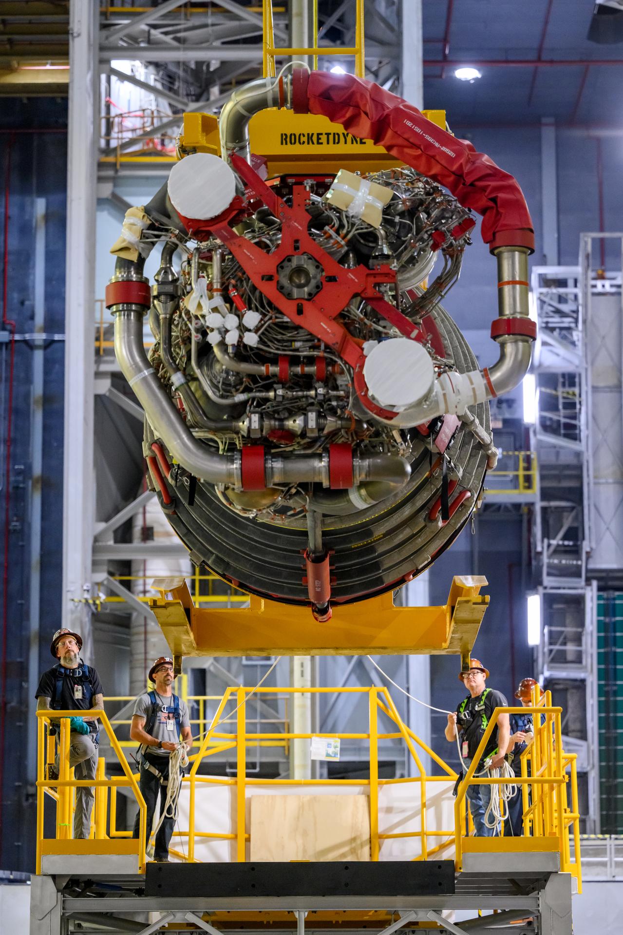 The Artemis II RS-25 engines installed on the core stage at NASA’s Michoud Assembly Facility in New Orleans. Each engine is the size of a compact car and, together, will create more than two million pounds of thrust during launch. The RS-25 engines create immense pressure that controls the flow of liquid hydrogen and liquid oxygen from the two propellant tanks into each engine’s combustion chamber.