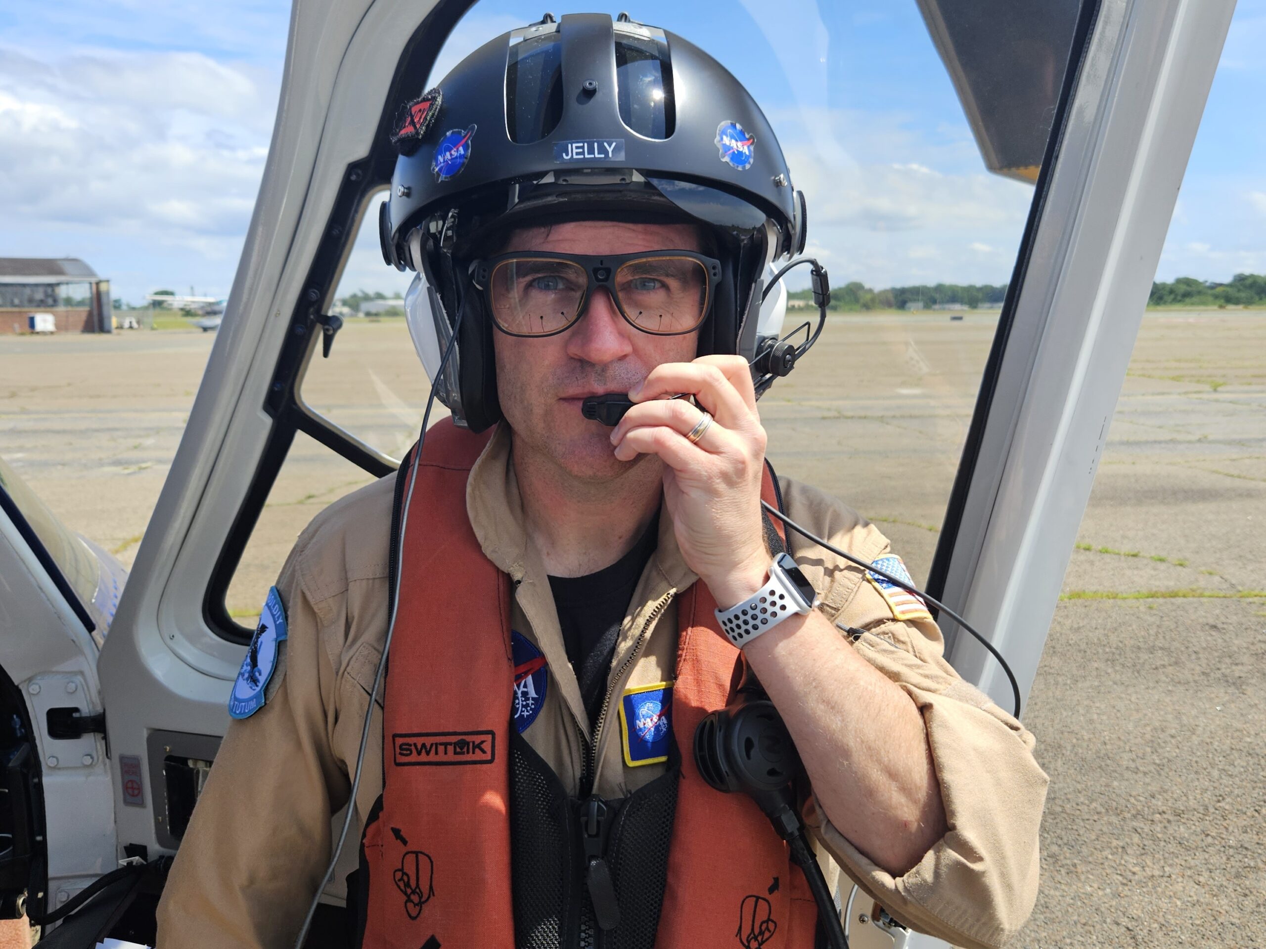 NASA research pilot Scott “Jelly” Howe tested specialized retinal movement tracking glasses at Sikorsky Memorial Airport in Bridgeport, Connecticut on June 27, 2023. The glasses will help researchers working to design air taxis understand how a pilot visually experiences the cockpit and interacts with flight navigation tools.