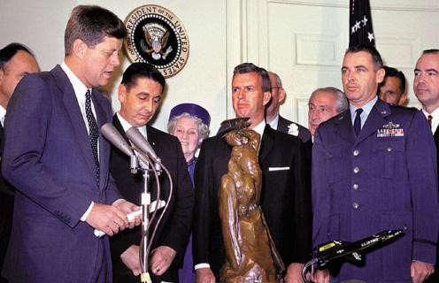 President John F. Kennedy, left, presents the Harmon Trophy to X-15 pilots A. Scott Crossfield of North American Aviation, Joseph A. Walker of NASA, and Robert White of the U.S. Air Force