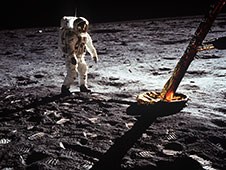 Astronaut Edwin E. Aldrin Jr., lunar module pilot, walks on the surface of the Moon