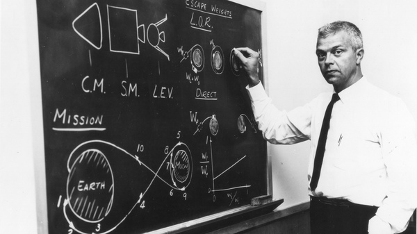 American aerospace engineer John Houbolt as he stands at a chalkboard in July 1962 showing his lunar orbit rendezvous plan for landing astronauts on the moon.