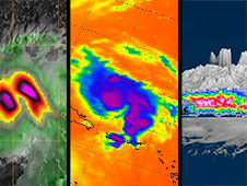 A triptych of three different views of Hurricane Dorian.