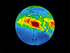 Image of Earth showing carbon monoxide levels in green(low) to red (high).