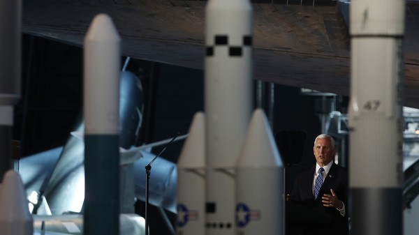 Vice President Pence speaks during a meeting of the National Space Council last week in Chantilly, Va. Pence and President Trump have pushed hard for the establishment of a separate Space Force — and they hope the revival of U.S. Space Command will help get them there.