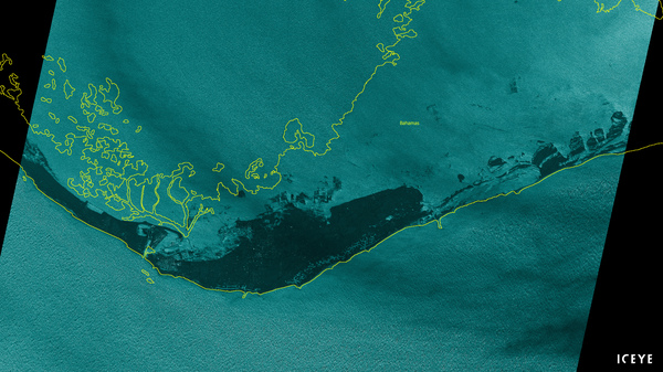 An satellite image from the company ICEYE shows flooding on Grand Bahama on Monday. The satellite uses radar to look through the clouds.