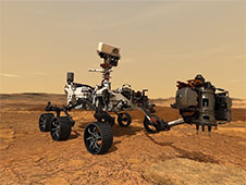 This artist's concept depicts NASA's Mars 2020 rover exploring and taking a core sample