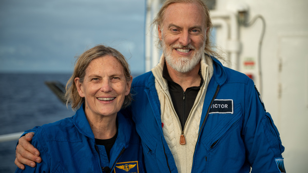 Kathy Sullivan and pilot Victor Vescovo, seen after their dive to Challenger Deep.