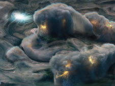 This illustration depicts high-altitude electrical storms on Jupiter