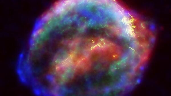 Scientists believe some heavy elements are forged when a massive star goes through its death throes and explodes as a supernova. Here, the supernova Cassiopeia A was captured in a false-color image from NASA.