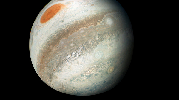 This new perspective of Jupiter from the south makes the Great Red Spot appear as though it is in northern territory. This view is unique to Juno.