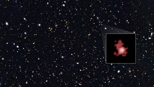The most distant galaxy ever discovered, GN-z11, is shown within a Hubble Space Telescope deep sky survey and highlighted in the inset. This galaxy existed only 400 million years after the Big Bang.