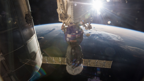 A Soyuz spacecraft docked to the International Space Station in April 2014.