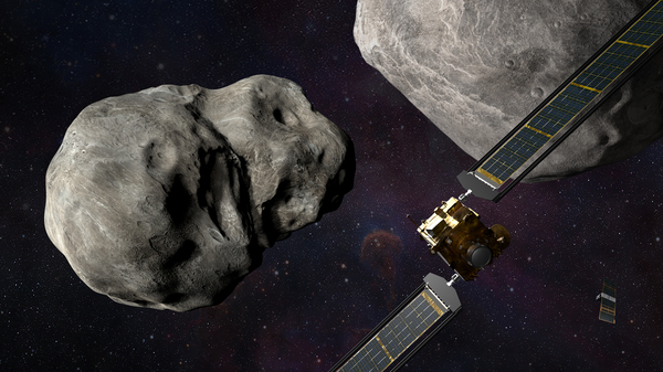 This illustration shows the DART spacecraft approaching the two asteroids, Didymos and Dimorphos, with a small observing spacecraft nearby.