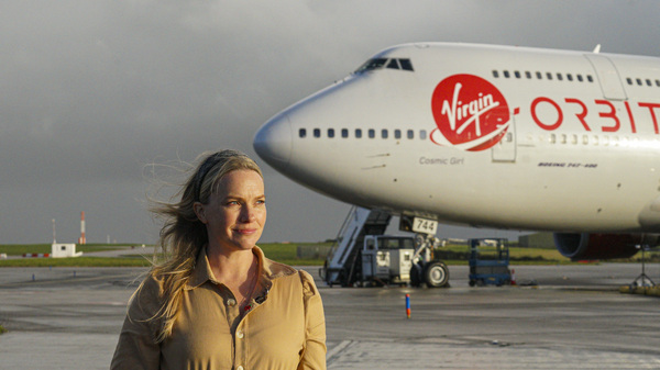 Melissa Thorpe, head of Spaceport Cornwall, in front of Cosmic Girl.