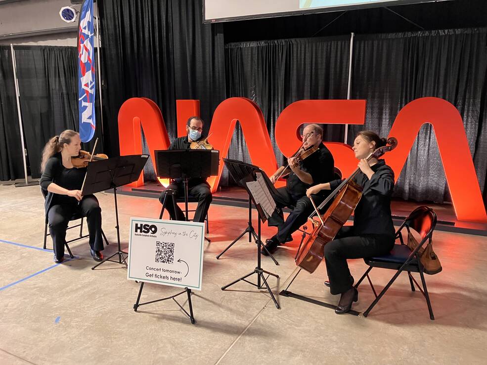 A string quartet of musicians from the Huntsville Symphony Orchestra performs in Marshalls Activities Building 4316 on Sept. 21. The musicians are, from left, Jennifer Whittle, Joe Lester, Charles Hogue, and Ariana Arcu.