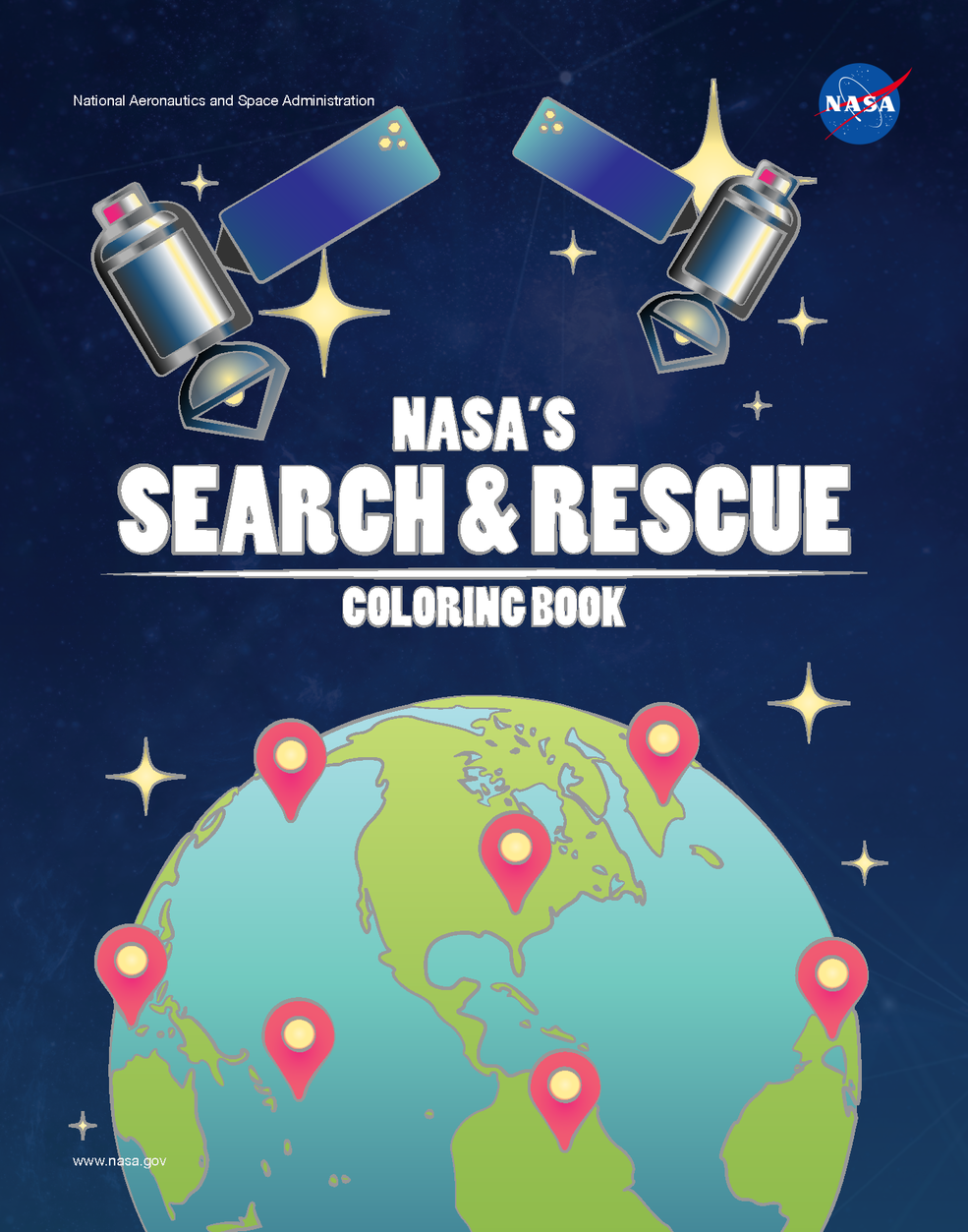 Illustration o the Earth with two satellites orbiting above. The text reads "NASA's Search & Rescue Coloring Book"