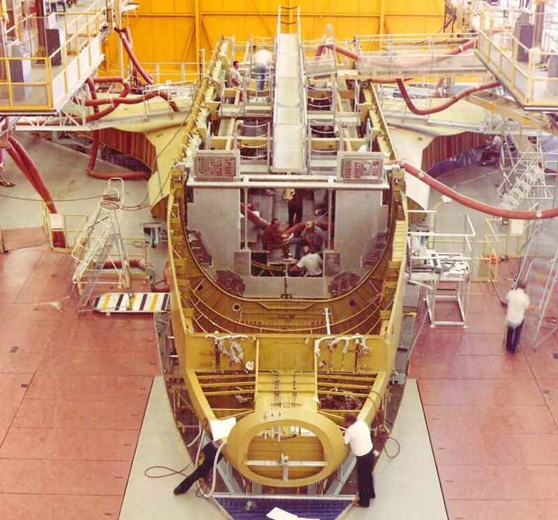 Space shuttle Discovery under construction at Rockwell International’s Palmdale, California, plant in  August 1982