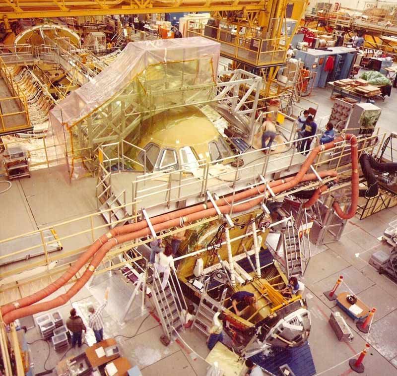 Space shuttle Discovery under construction at Rockwell International’s Palmdale, California, plant in April 1983.