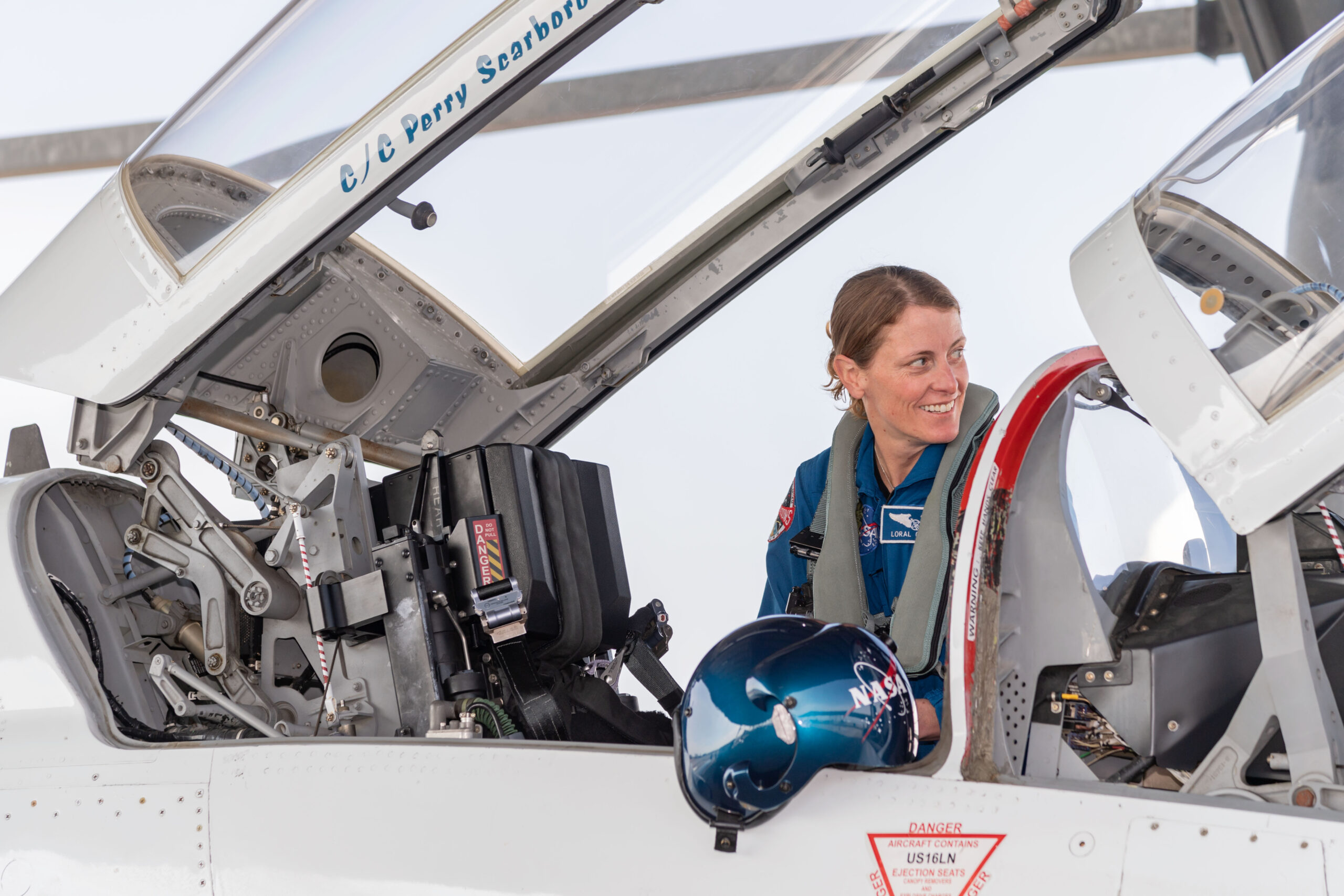 NASA astronaut Loral O'Hara conducts preflight training aboard a T-38 trainer jet at Ellington Field in Houston, Texas, before beginning her mission to the International Space Station.